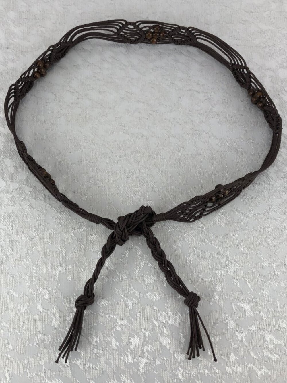 Vintage Macrame Brown Boho 54” Knotted Cord Belt with Brown Beads & End Tassels